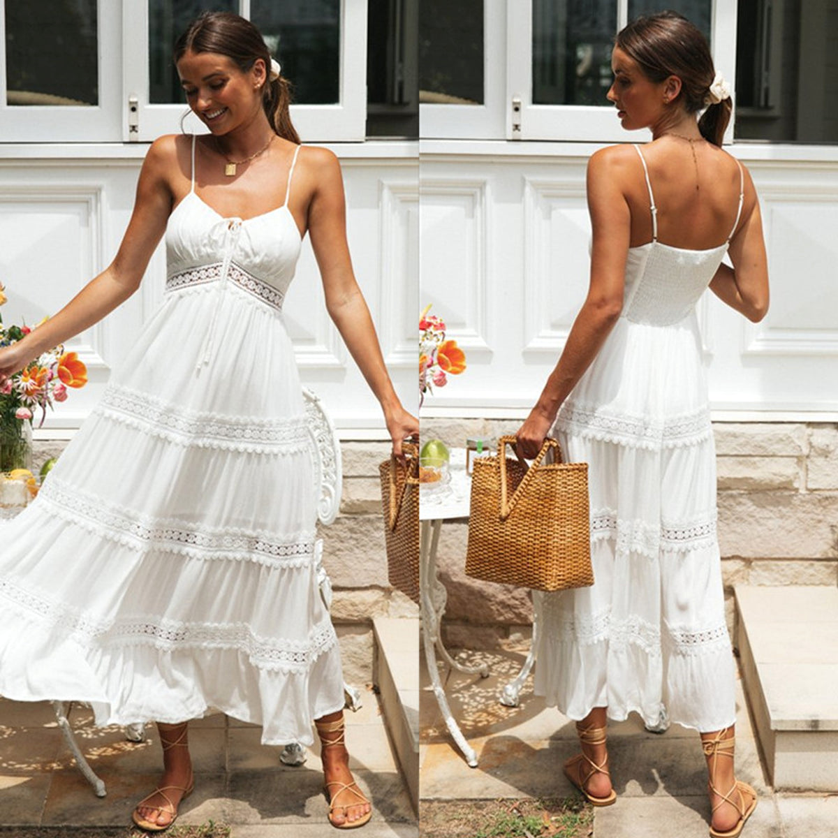 Boho Sling Dress Lace Panel Swing Skirt - enhanced image 3