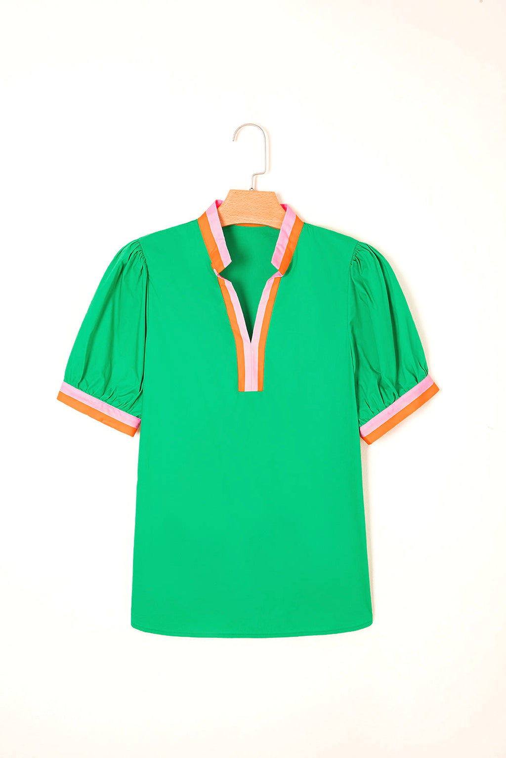 Bright Green Contrast Striped V Neck Collision Short Puff Sleeve Blouse - enhanced image 3