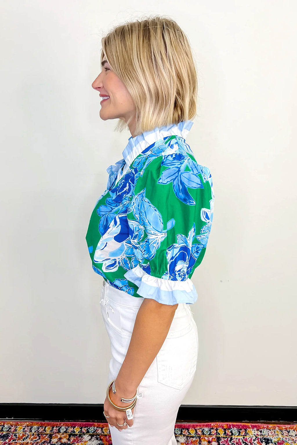 Bright Green Floral Frilled V Neck Short Sleeve Blouse Top - enhanced image 3