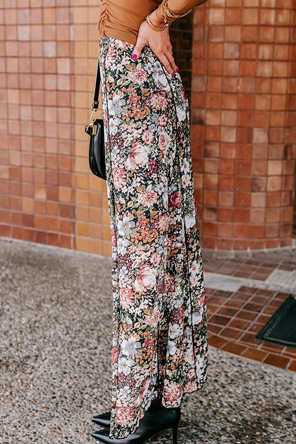 Brown Floral Print High Waist Maxi Skirt - enhanced image 3