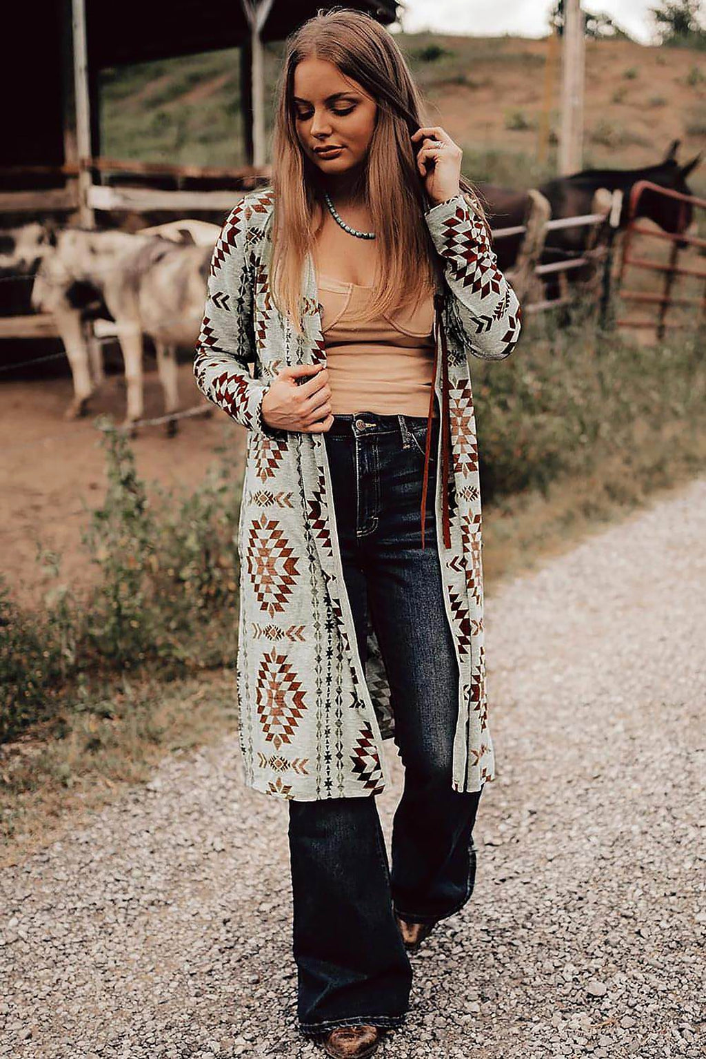 Brown Western Aztec Printed Open Front Long Cardigan - enhanced image 3