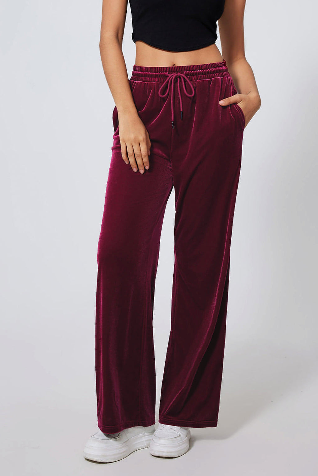 Burgundy Solid Drawstring Waist Wide Leg Pants - enhanced image 3