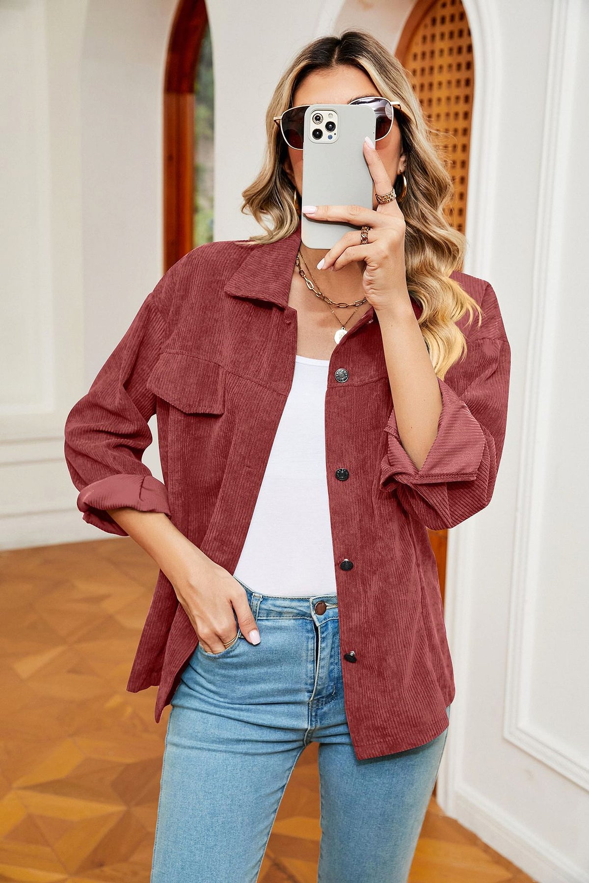 Button Corduroy Long Sleeve Baggy Coat Women's Clothing - enhanced image 3