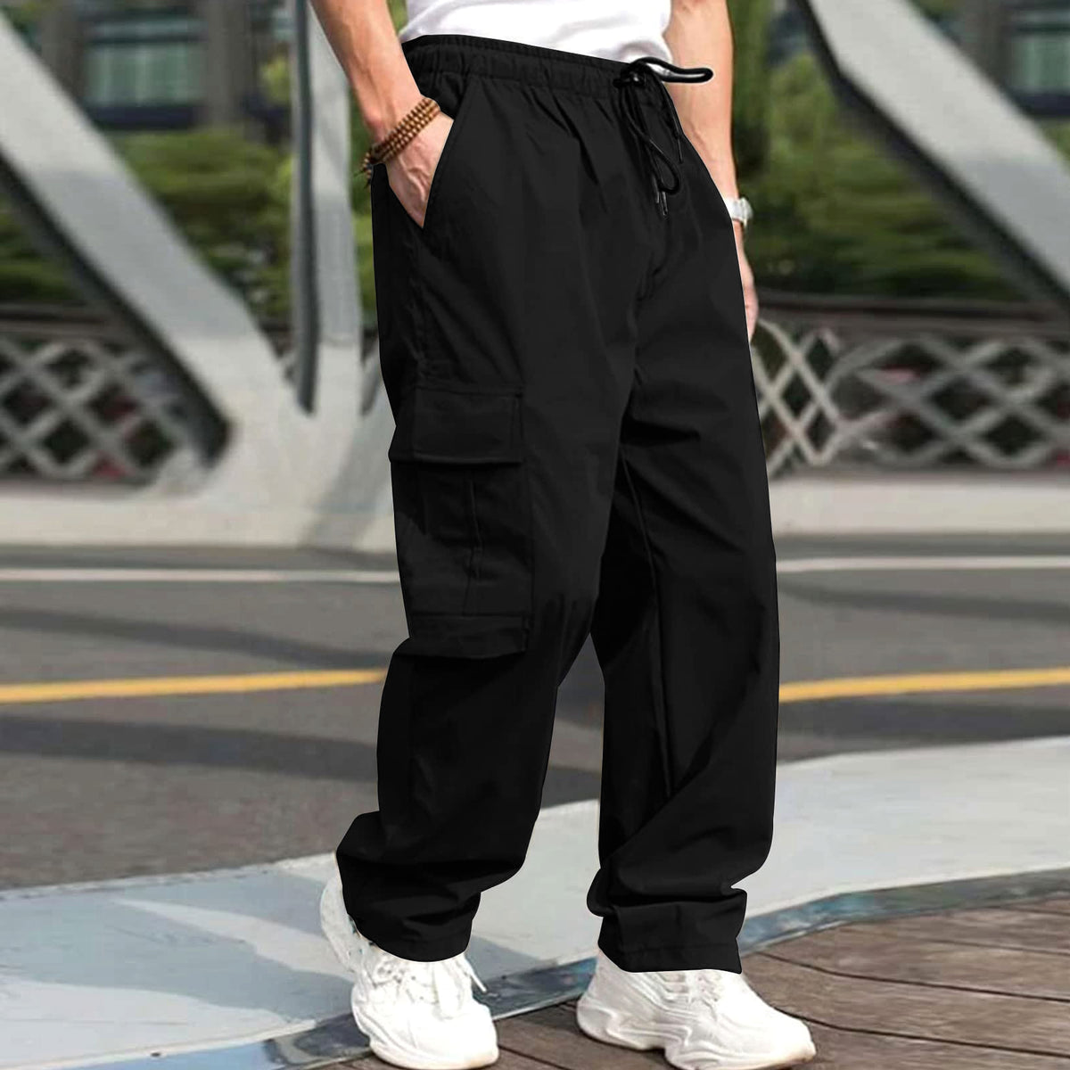 Casual Cargo Pants For Men Loose Straight Drawstring Waist Trousers With Pockets - enhanced image 3