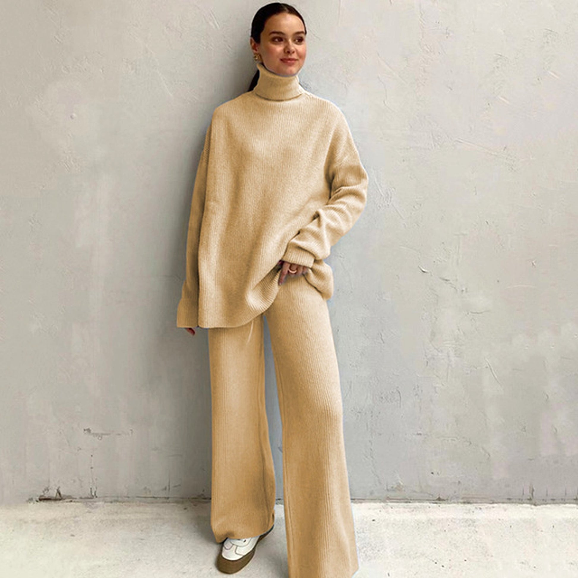Casual Knitted Two-piece Turtleneck And Wide Leg Pants Women Loose Pullover Sweater - enhanced image 3