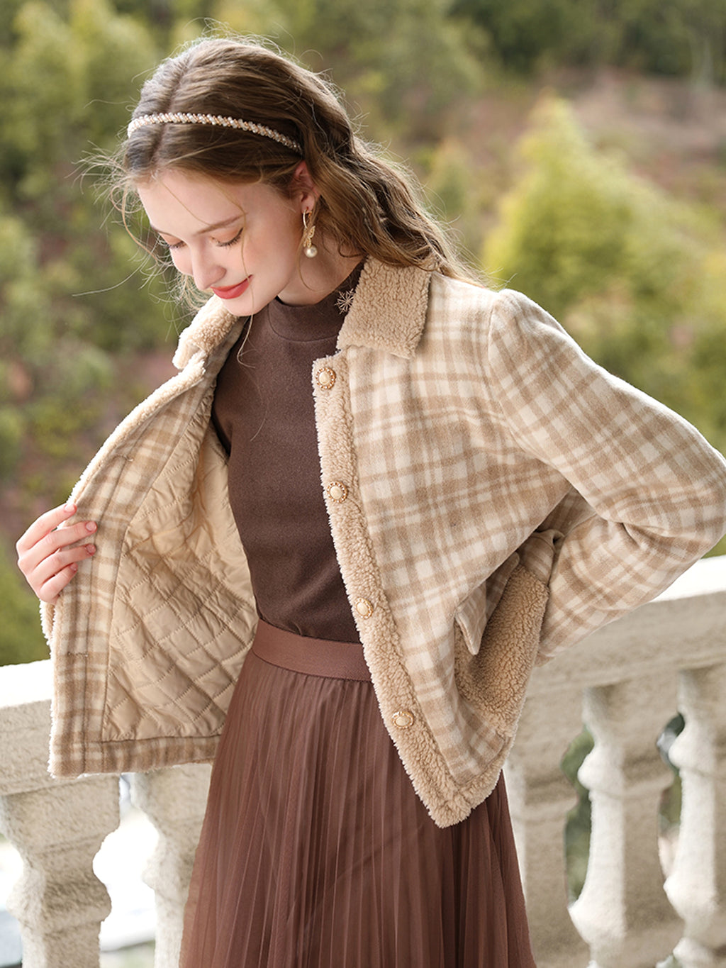 Checkered Lamb Cashmere Patchwork Cotton Jacket For Women - enhanced image 3