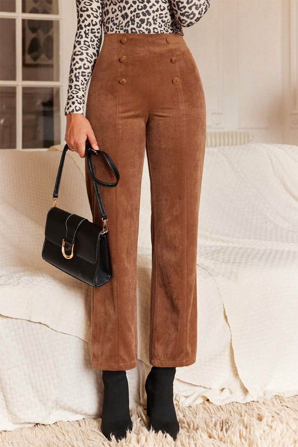Chestnut Solid Color Double Breasted Straight Leg Pants - enhanced image 3