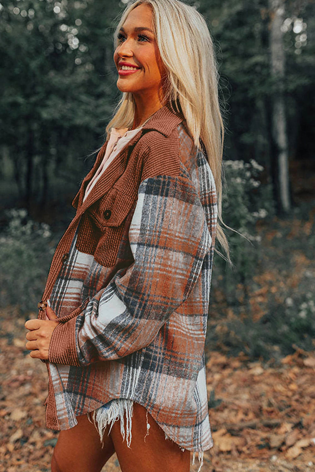 Cinnamon Plaid Corduroy Patchwork Chest Pocket Shacket - enhanced image 3