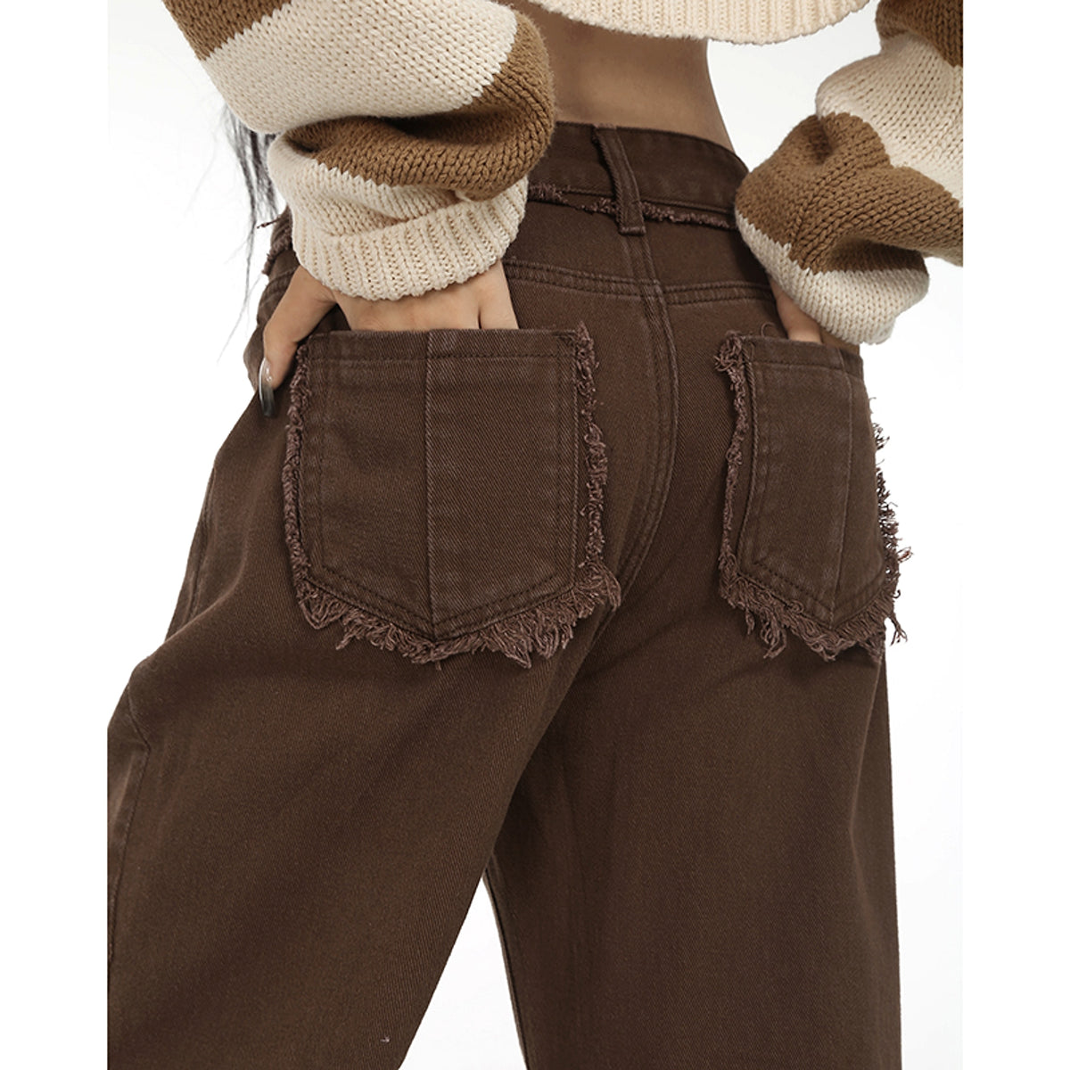 Coffee Colored Distressed Cropped Jeans For Women - enhanced image 3