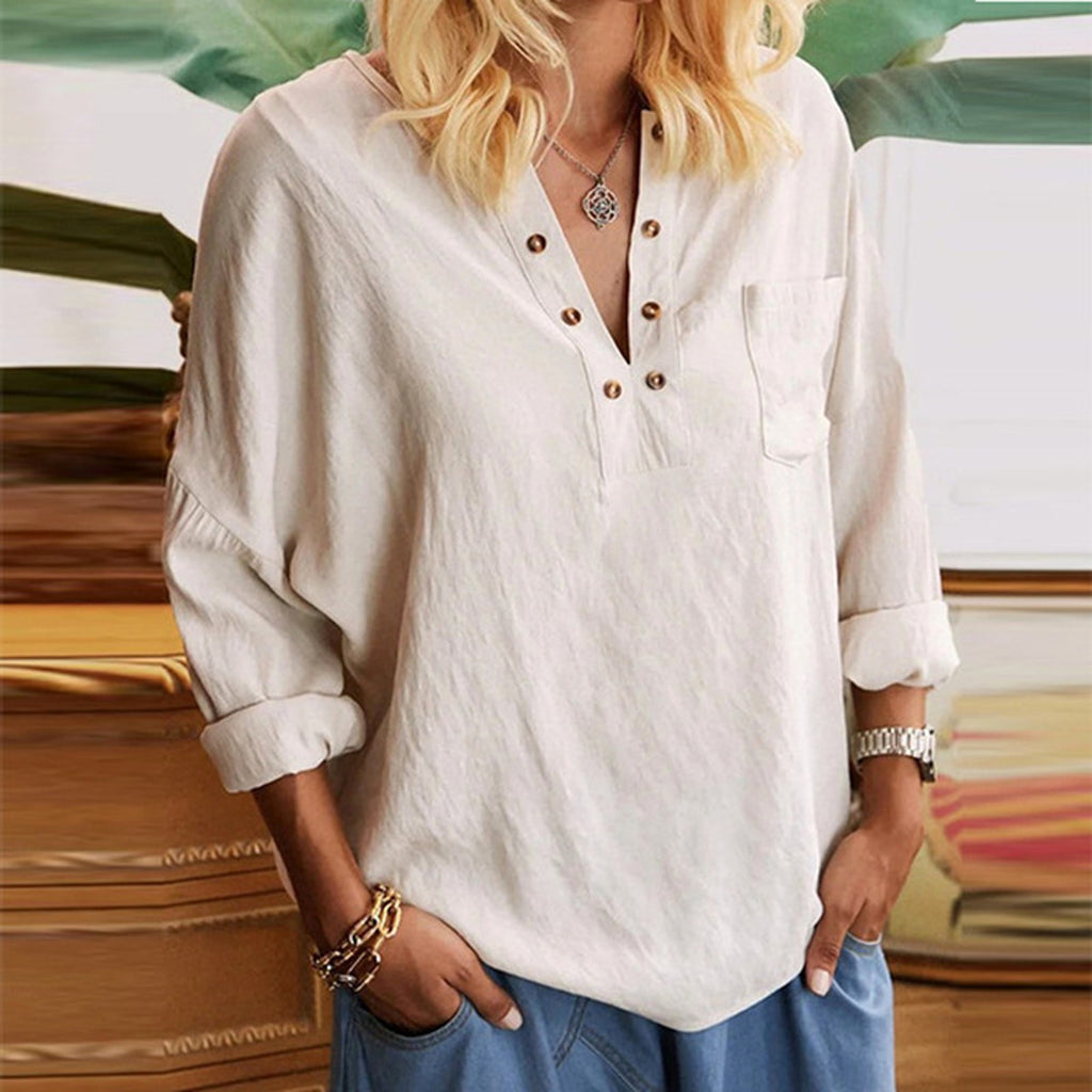 Cotton Linen Long Sleeve Blouse Women's - enhanced image 3