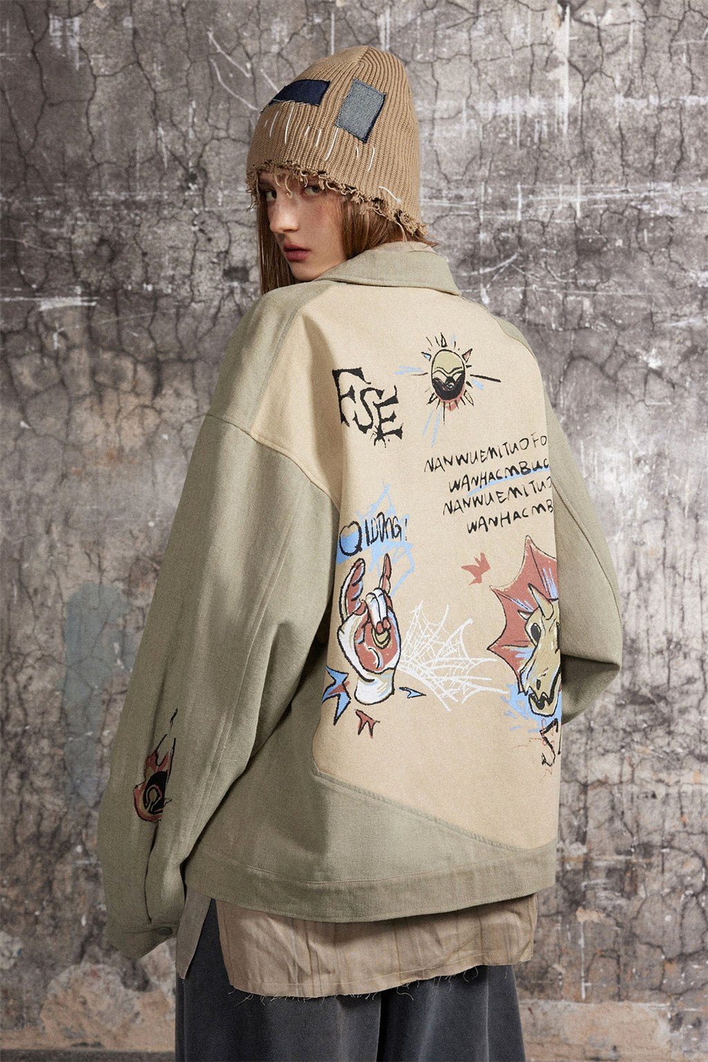 Cultural Graffiti Oil Painting Patterned Denim Jacket Men - enhanced image 3