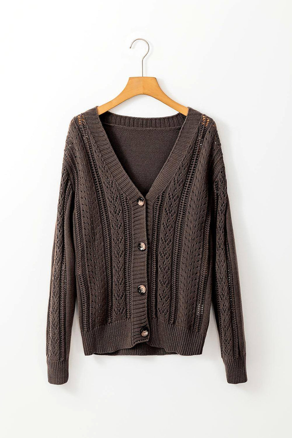 Dark Khaki Open Knit Drop Shoulder Sweater Cardigan - enhanced image 3