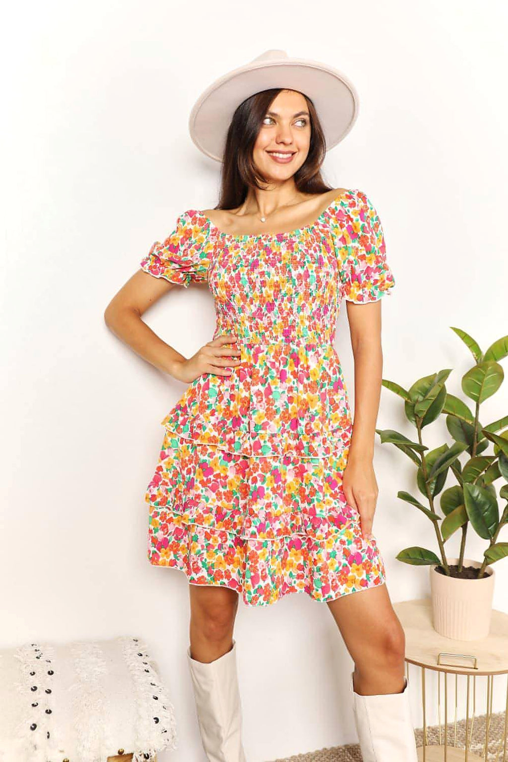 Devine Smocked Sweetheart Neck Flounce Sleeve Mini Dress - enhanced image 3