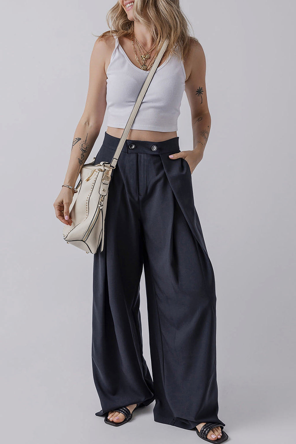 Dirty blue Dual Buttoned High Waist Pleated Wide Leg Pants - enhanced image 3