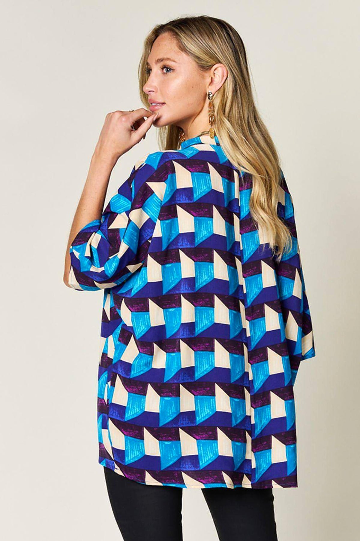 Double Take Full Size Geometric Notched Half Sleeve Blouse - enhanced image 3