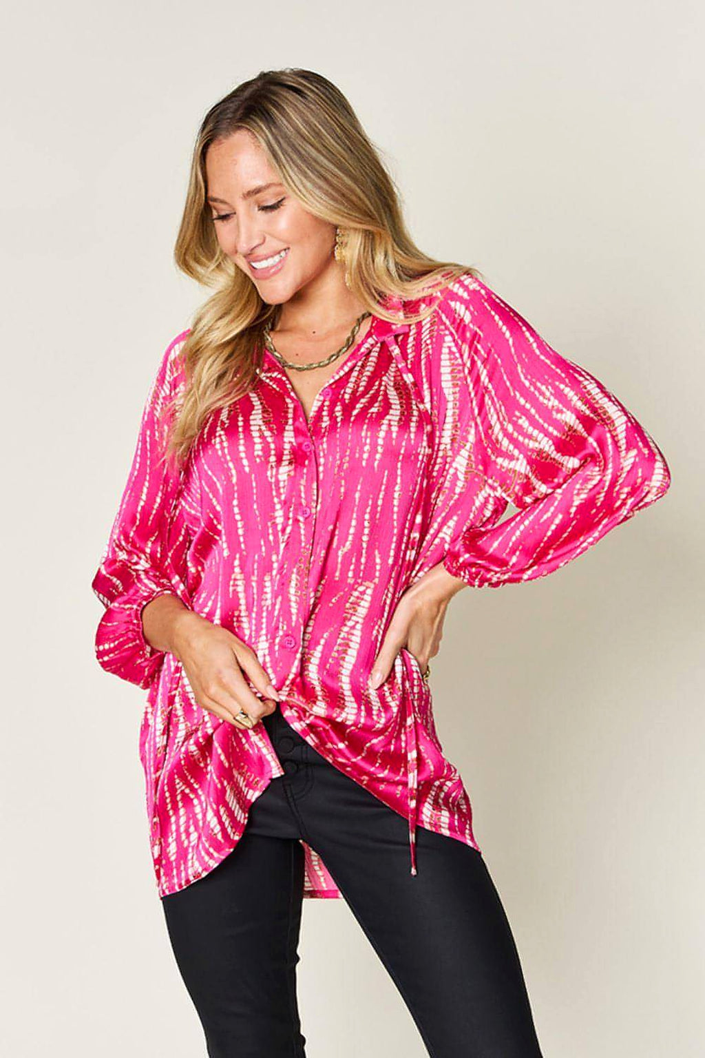 Double Take Full Size Printed Button Up Long Sleeve Shirt - enhanced image 3