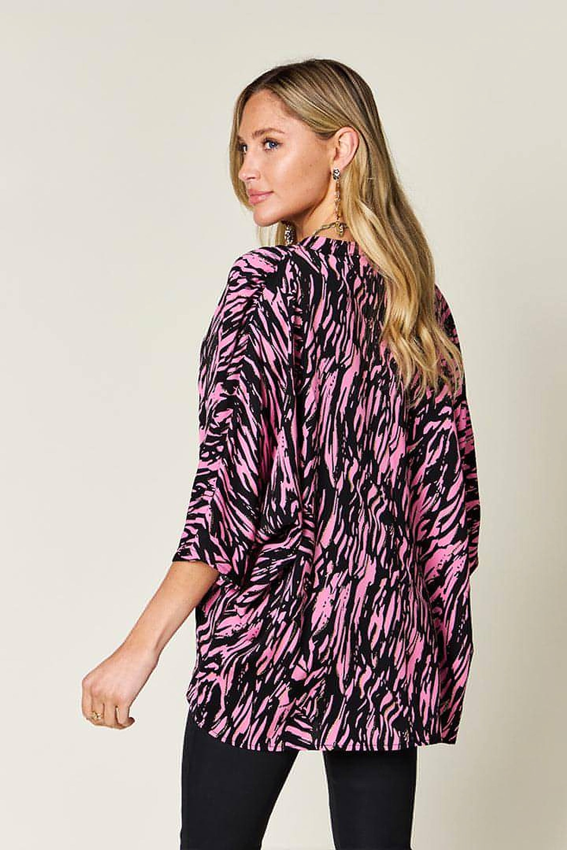 Double Take Full Size Printed Notched Three-Quarter Sleeve Blouse - enhanced image 3