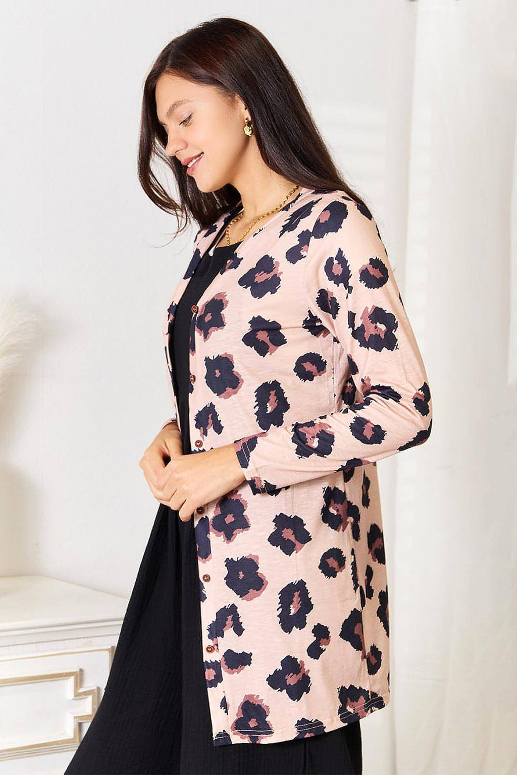 Double Take Printed Button Front Longline Cardigan - enhanced image 3