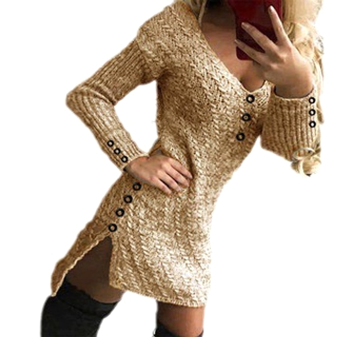 Elegant Slightly Mature Solid Color Mid-length Dress - enhanced image 3