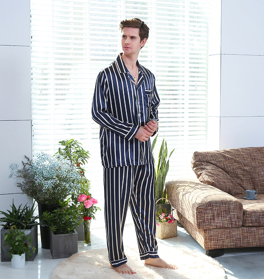 Fall men's simulated silk stripe pajamas men - enhanced image 3