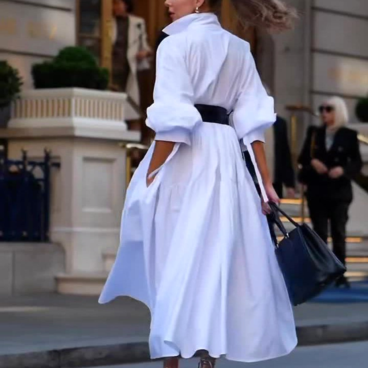 Fashion Pure White Lapel Belt Dress - enhanced image 3