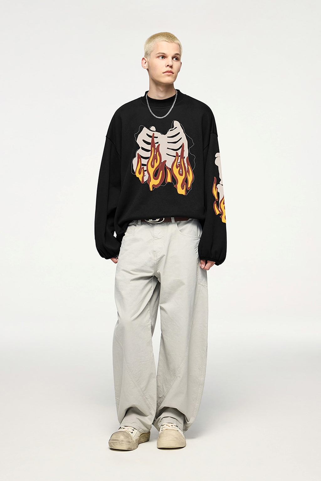 Fire Bone Round Neck Hoodie Short - enhanced image 3