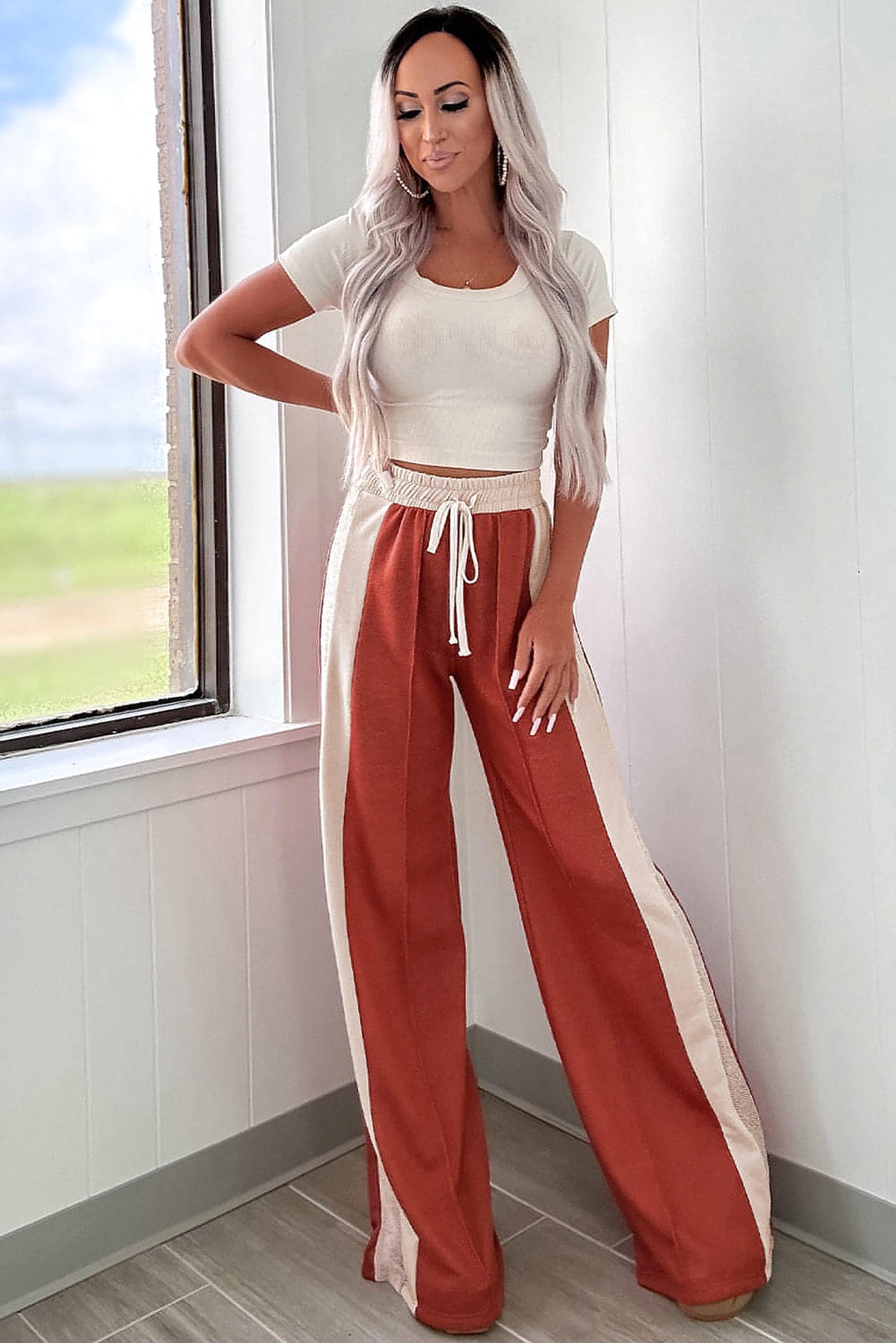 Flamingo Color Block Drawstring High Waist Wide Leg Pants - enhanced image 3