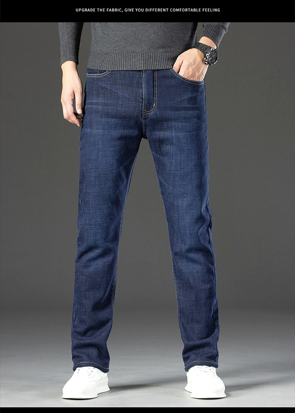 Fleece Lined Padded Warm Keeping Jeans For Men - enhanced image 3