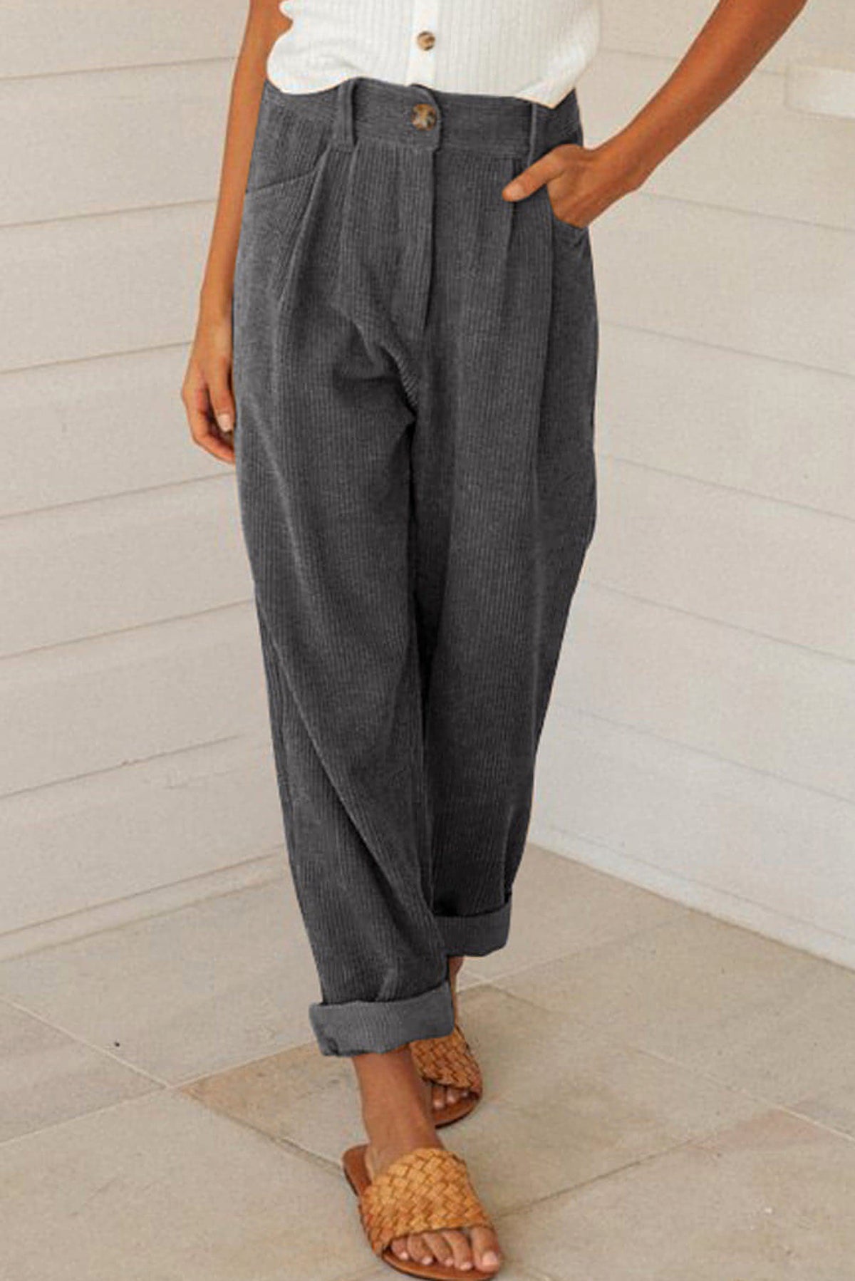 Gray Corduroy High Waist Straight Leg Pants - enhanced image 3