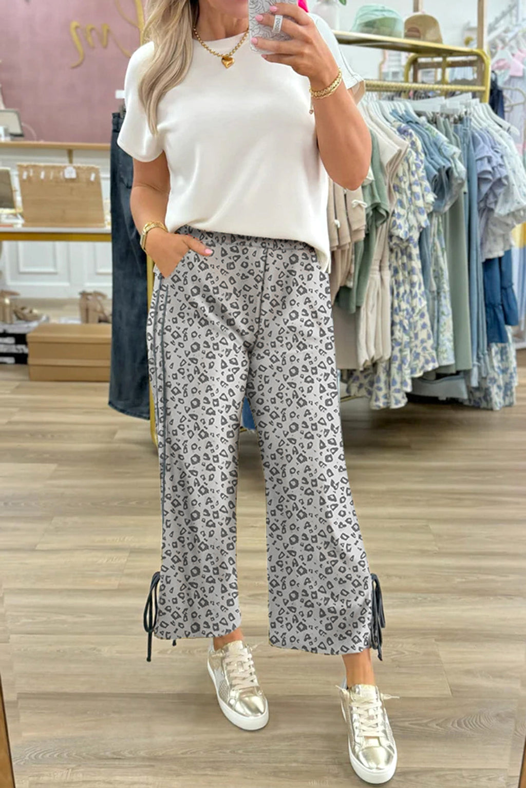 Gray Leopard High Waist Side Bow Straight Leg - enhanced image 3