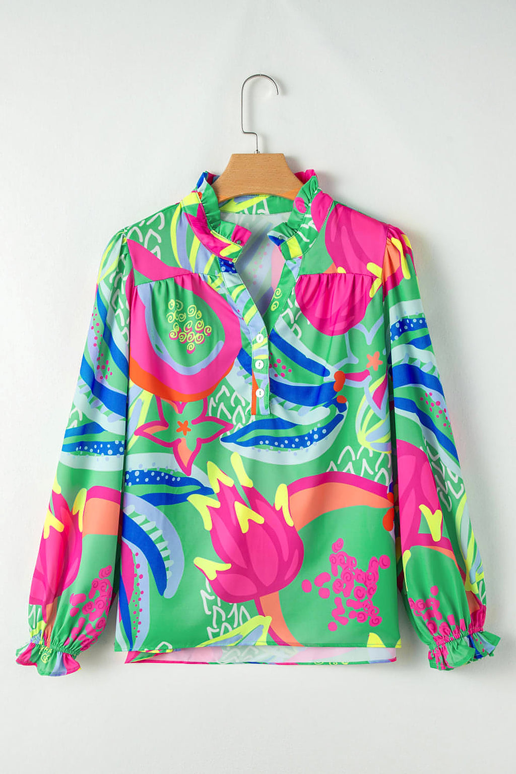 Green Abstract Print Ruffled Sleeve Buttoned V Neck Blouse - enhanced image 3