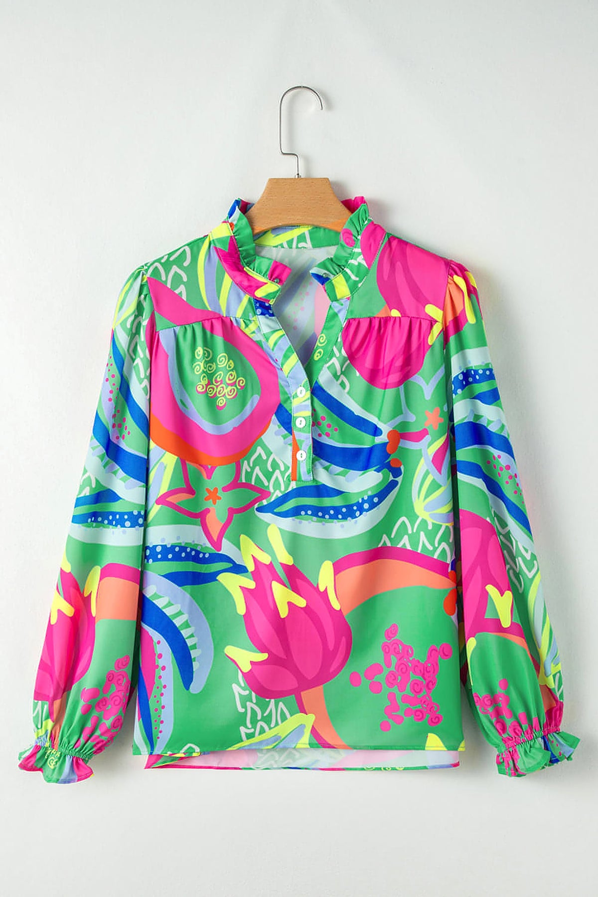 Green Abstract Print Ruffled Sleeve Buttoned V Neck Blouse - enhanced image 3