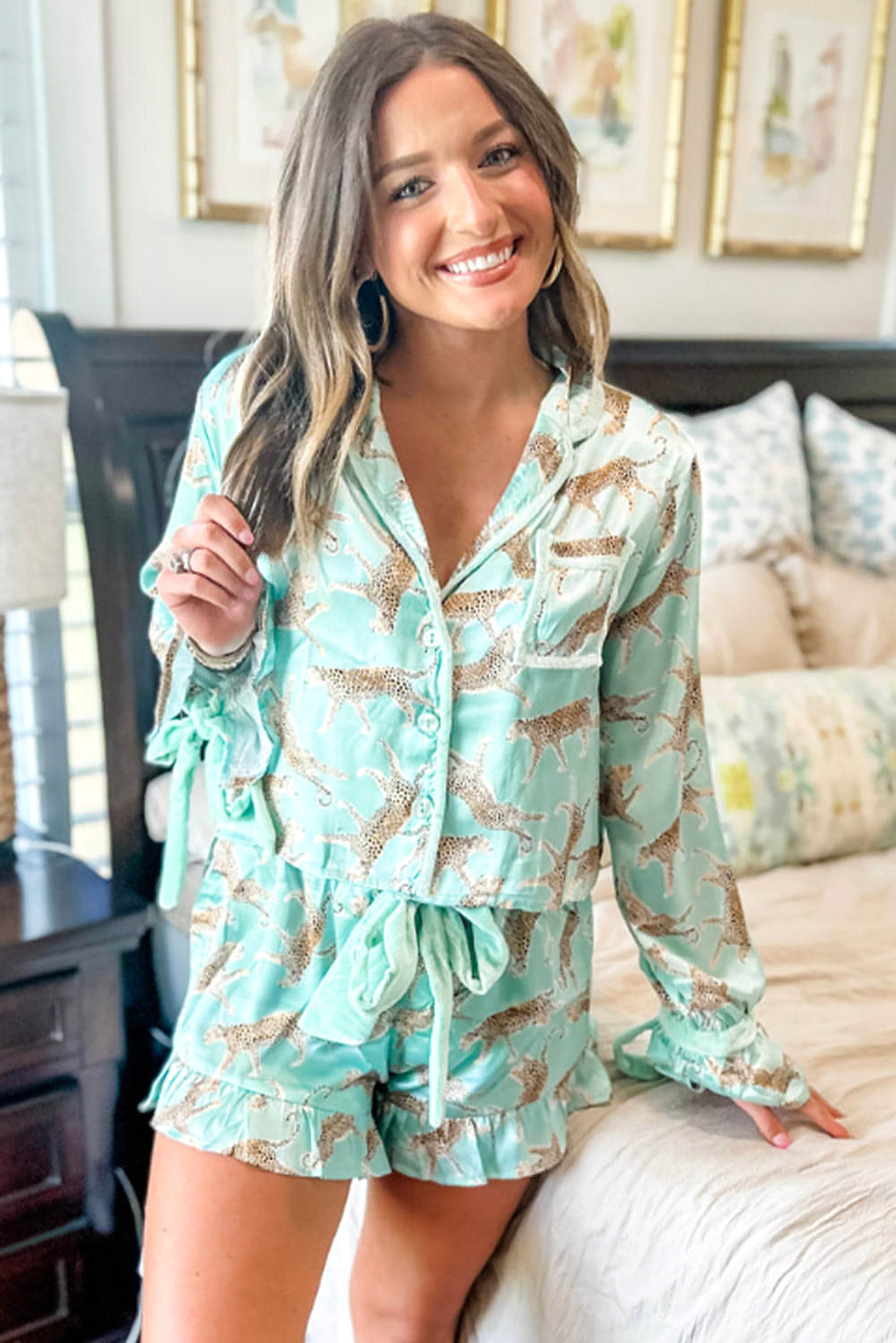 Green Leopard Satin Ruffle Pajama Short Set - enhanced image 3