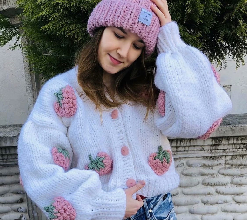 Handmade Crochet Cardigan Sweater Women Fruit Jacquard Embroidery - enhanced image 3