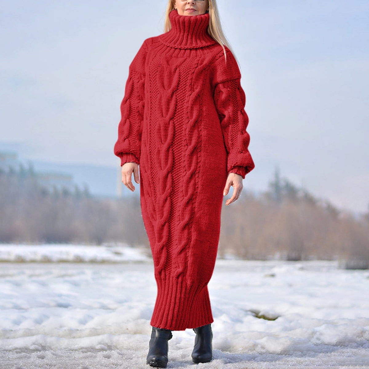 High Neck Pullover Cable Loose Knitted Wool Dress - enhanced image 3