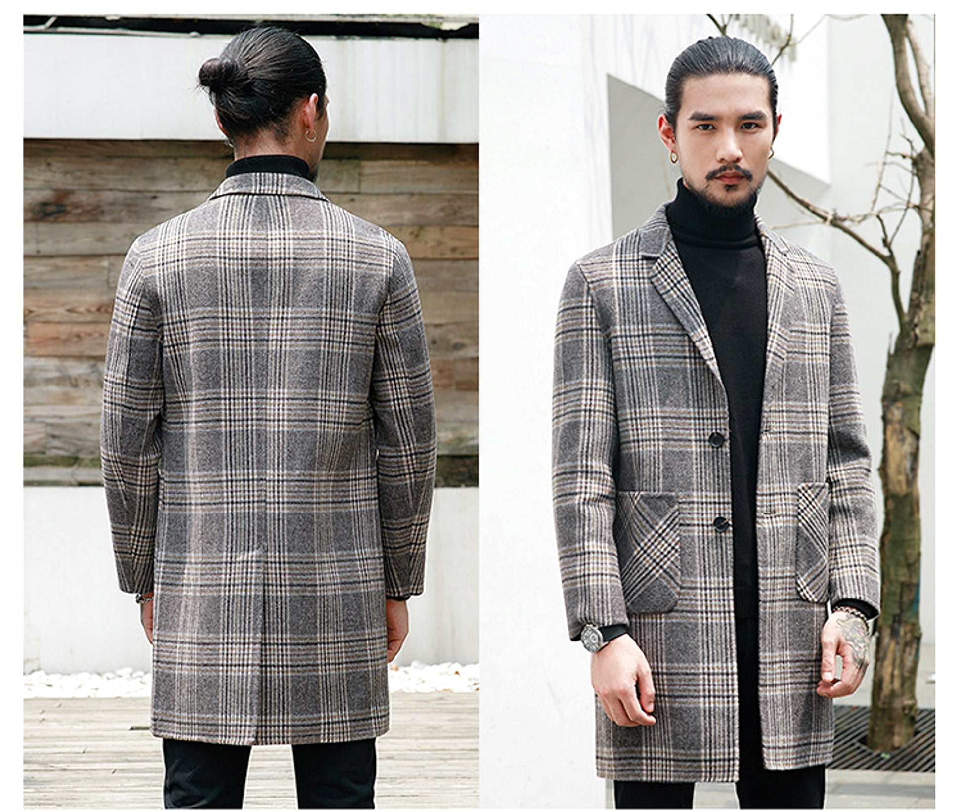 Houndstooth reversible men's plaid woolen trench coat - enhanced image 3