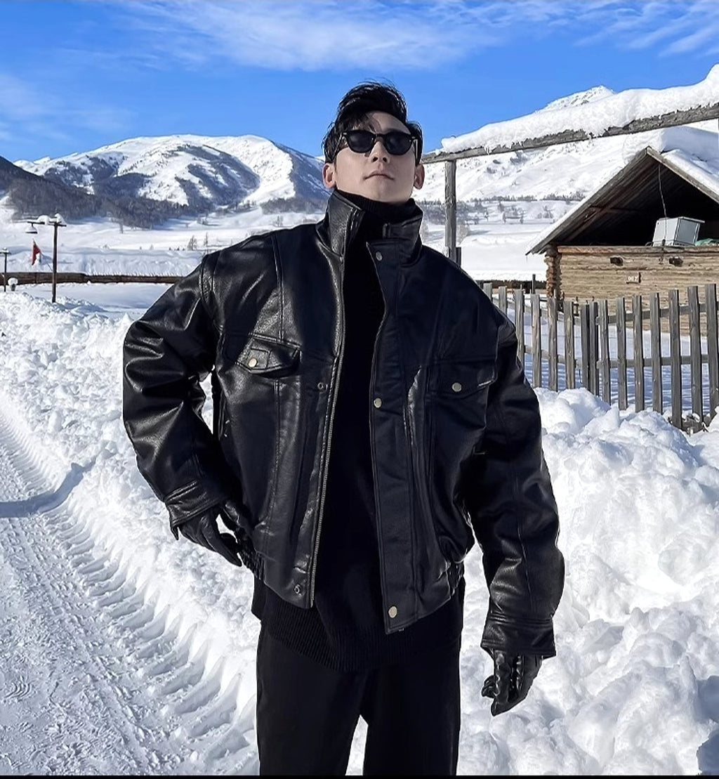 Jacket Leather Coat Autumn And Winter Men's Coat Trendy Handsome Fleece Thickened Pilot Motorcycle Plus Size - enhanced image 3