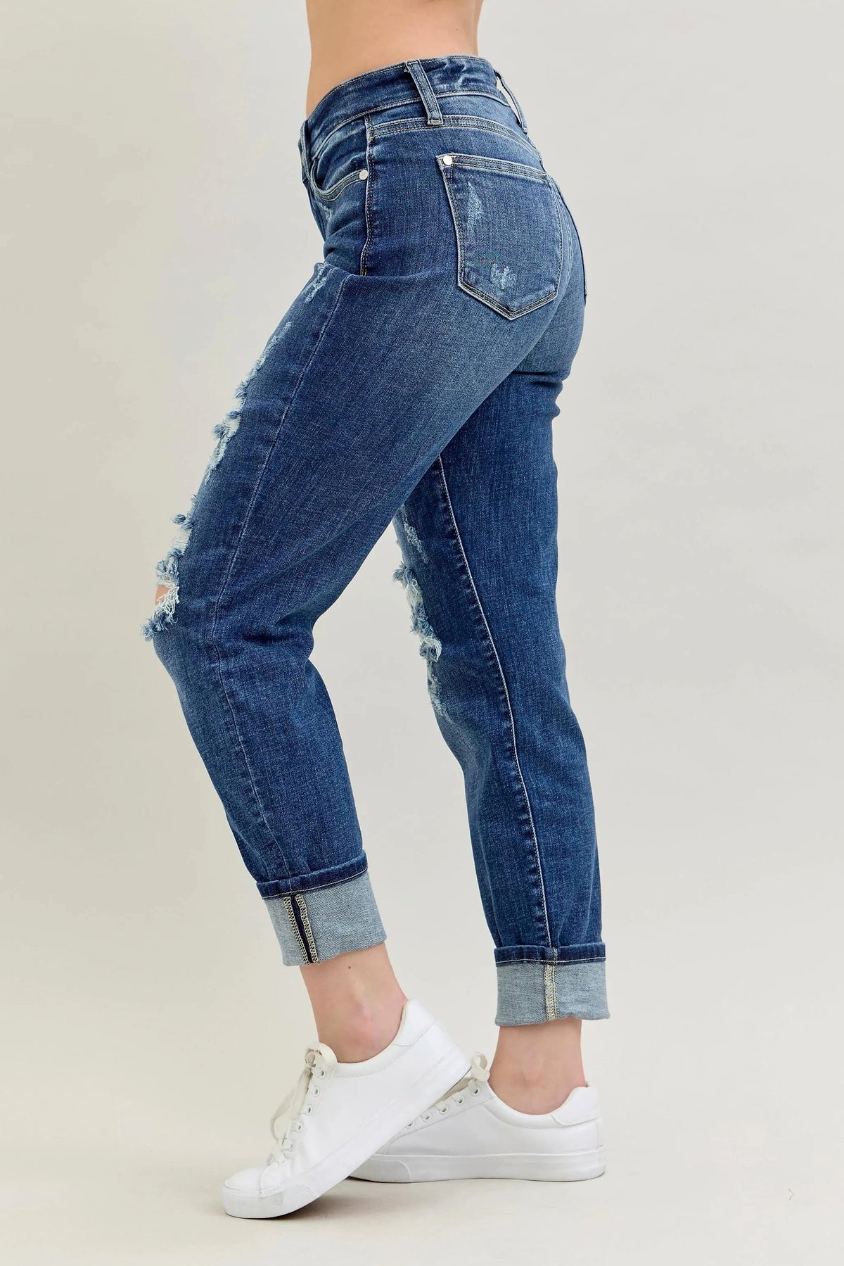 Judy Blue Full Size Mid Rise Cuffed Destroy Bf Jeans Plus Size - enhanced image 3