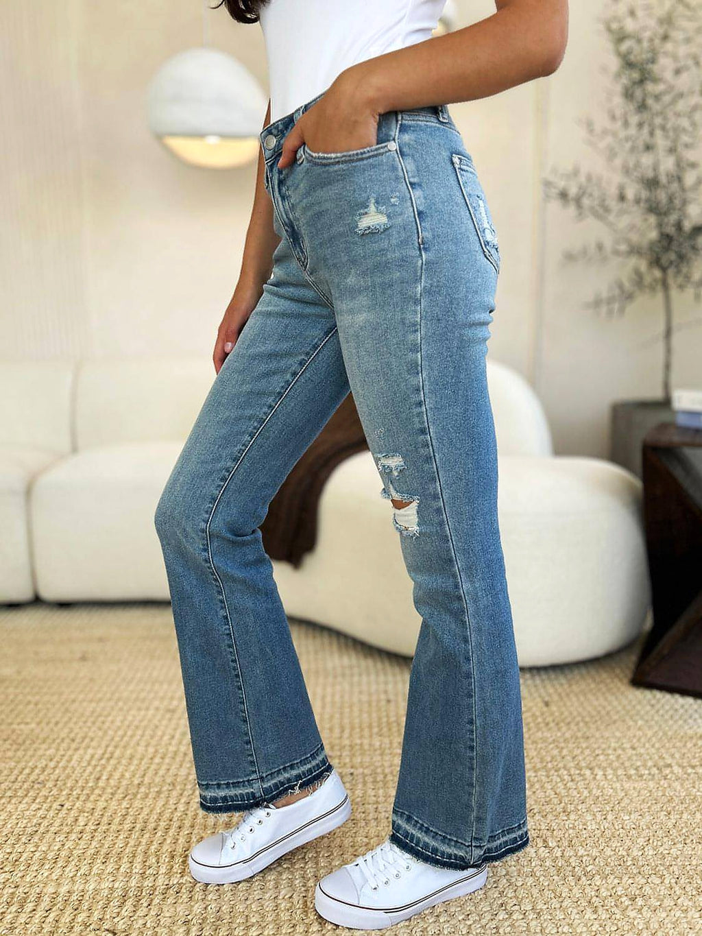 Judy Blue Full Size Mid Rise Destroyed Hem Distressed Jeans - enhanced image 3