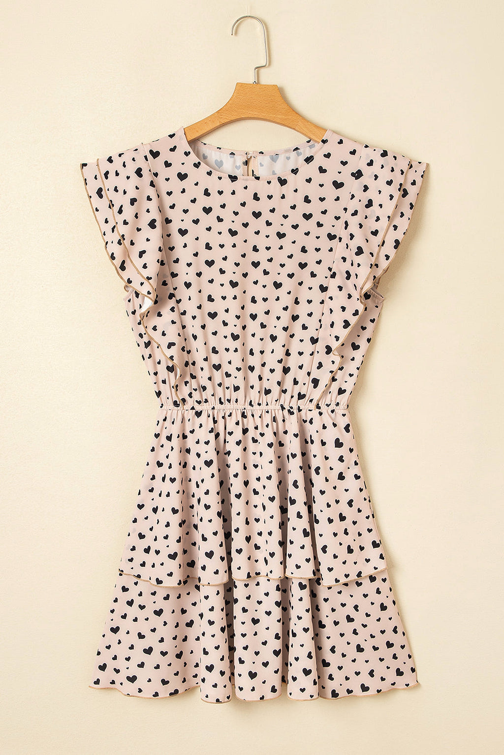 Khaki Heart Printed Flutter Sleeve Cinched Waist Tiered Ruffle Mini Dress - enhanced image 3