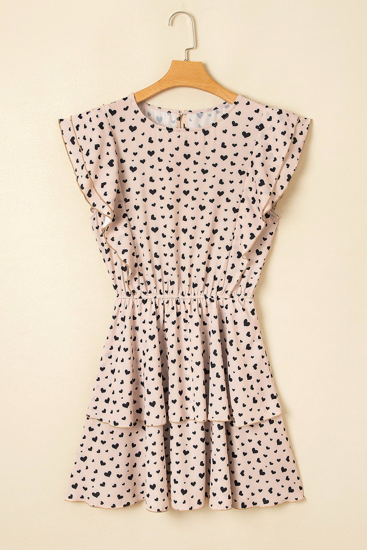 Khaki Heart Printed Flutter Sleeve Cinched Waist Tiered Ruffle Mini Dress - enhanced image 3