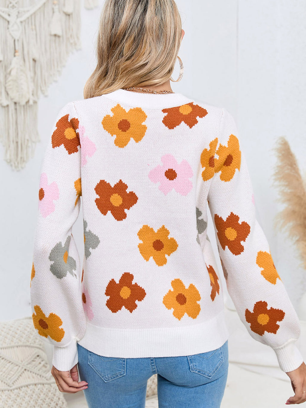 Knitted Thread Sweater Women's Flower - enhanced image 3