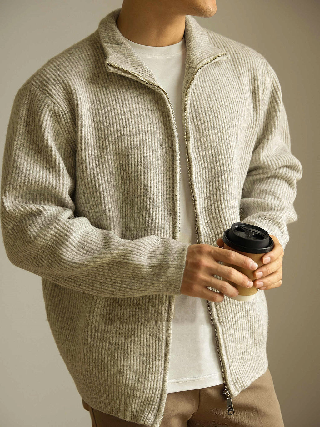Knitted Zipper Jacket Loose Casual Turtleneck Men's Sweater - enhanced image 3