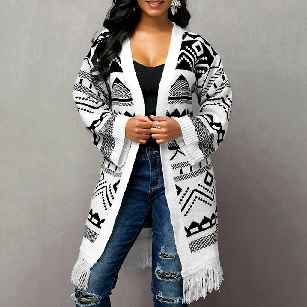 Ladies Tassel Hem Jacquard Cardigan Sweater - enhanced image 3