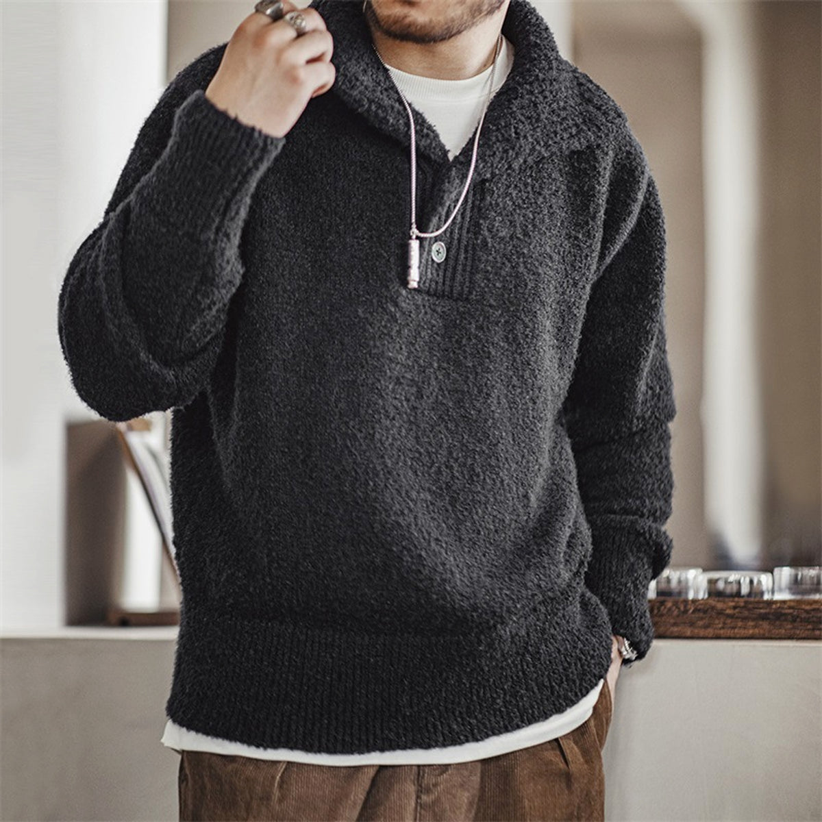 A.1 Lapel Thermal Head Cover Thick Sweater Men - enhanced image 3