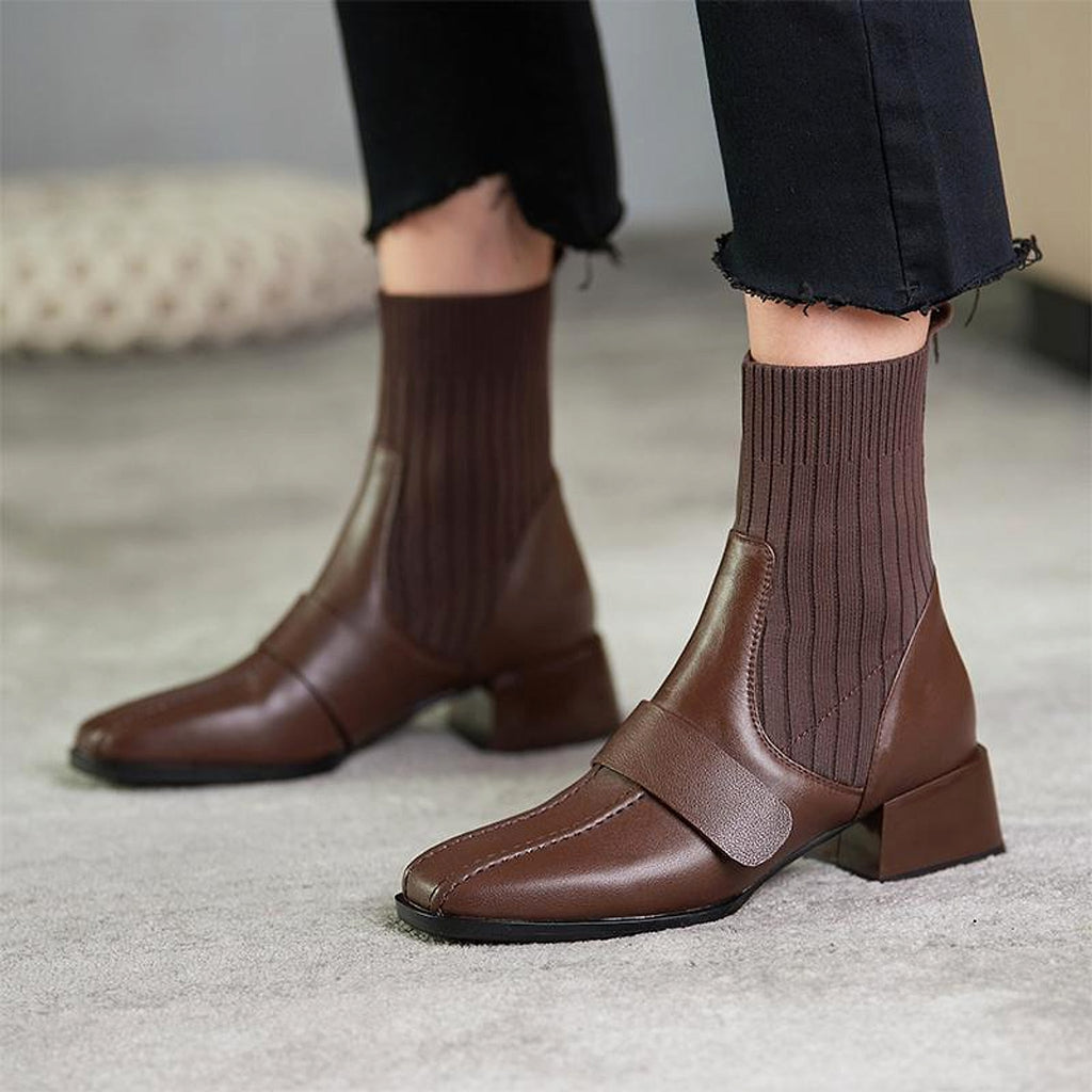 Large Brown Square Toe Mid-heel Soft Leather Shoes - enhanced image 3