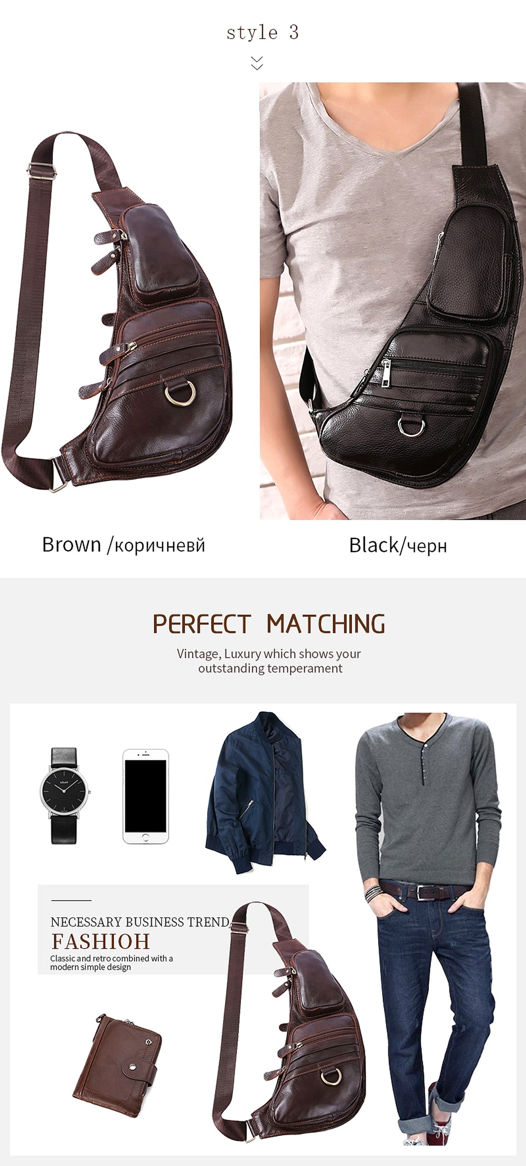 Leather Men's Chest Bag First Layer Cowhide Casual Satchel - enhanced image 3