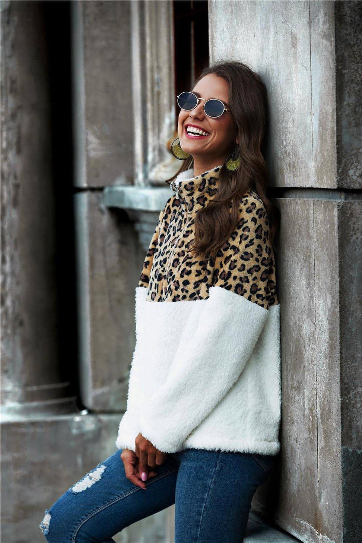 Leopard Color Block Half-Zip Collar Teddy Sweatshirt - enhanced image 3