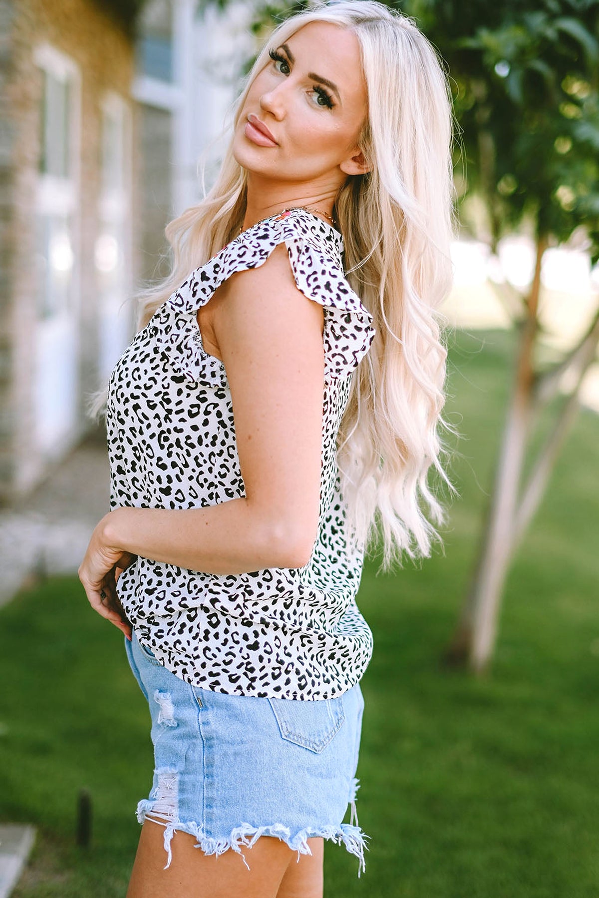 Leopard Ruffle Shoulder Embellished V-neck Sleeveless Top - enhanced image 3