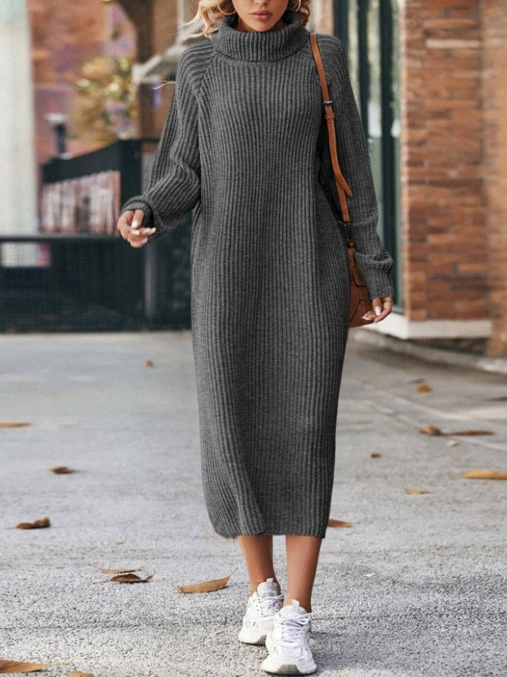 Long Below The Knee Loose High Collar Knitted Dress Sweater - enhanced image 3